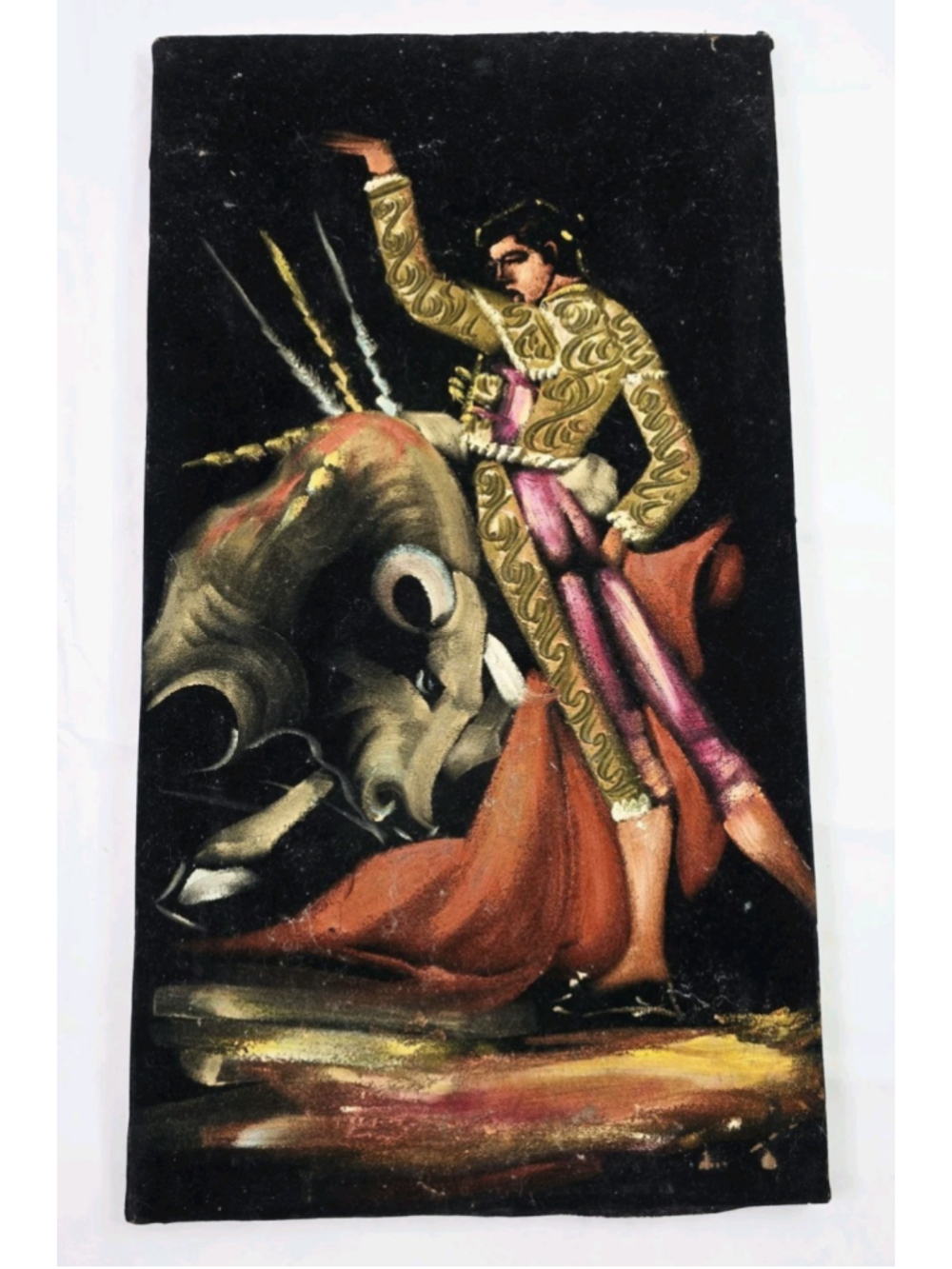 Vintage Black Velvet Painting Matador Bull Fighting